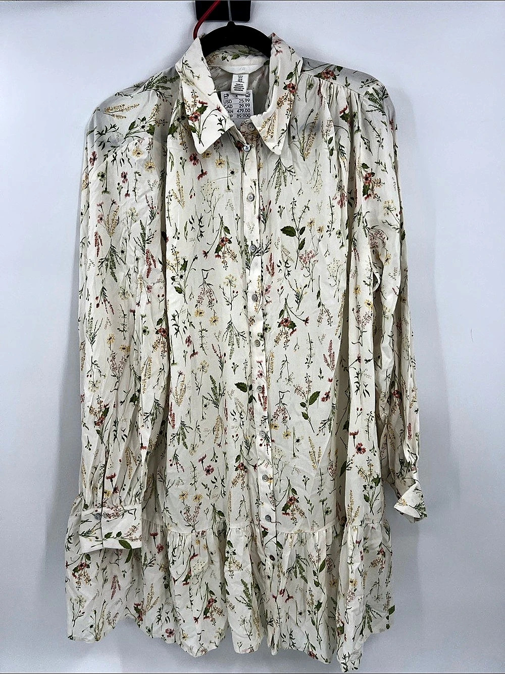 H&Medium Oversized Shirt Dress Floral Button-Down Blouse in White & Green Size